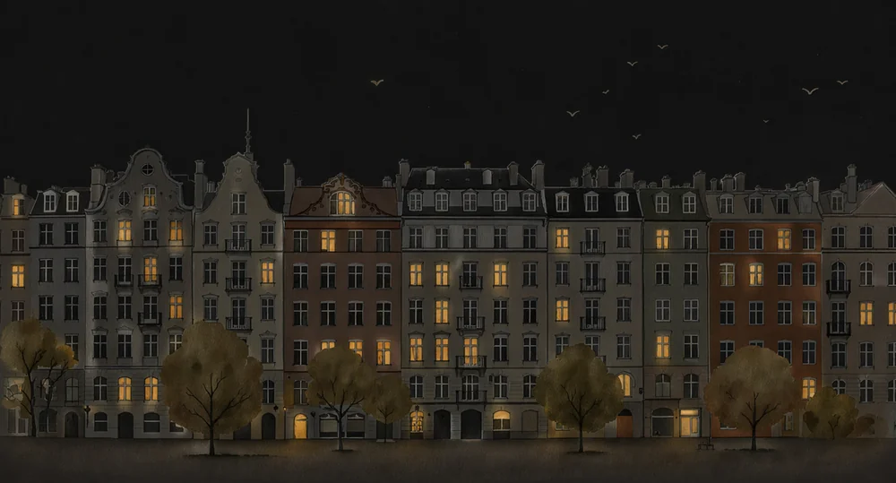 Watercolor illustration of a Berlin residential street at night