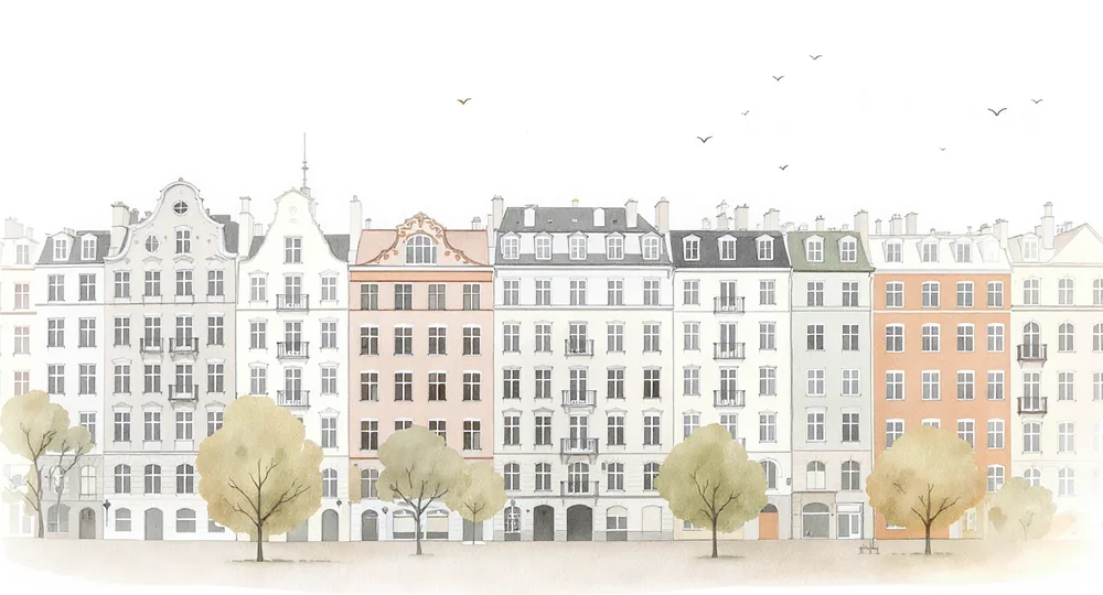 Watercolor illustration of a Berlin residential street by day
